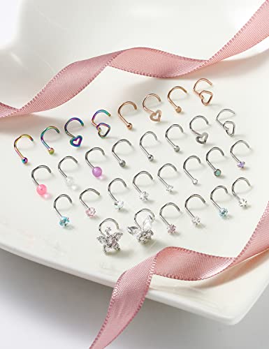 Prjndjw 20G 18G Nose Rings Studs Surgical Steel Nose Stud Glow Dark Heart Opal CZ Flower Nose Piercing Jewelry Nose Rings for Women Straight Screw L Shaped Nose Rings Hypoallergenic Nose Piercing Kit - color: 20G-Twisted nose rings