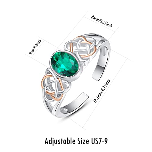 PRAYMOS 925 Sterling Silver Ring Birthstone Ring Turquoise Moss White Opal Ring for Women Celtic Knot Open Adjustable Thrumb Ring - color: Green Emerald
