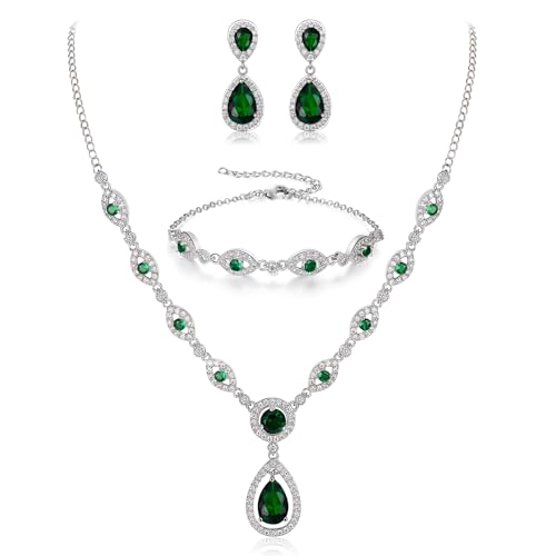 BriLove Wedding Bridal Jewelry Set for Women Cubic Zirconia Teardrop Y-Necklace Link Bracelet Dangle Earrings for Party Prom Accessories - color: Emerald Color Silver-Tone