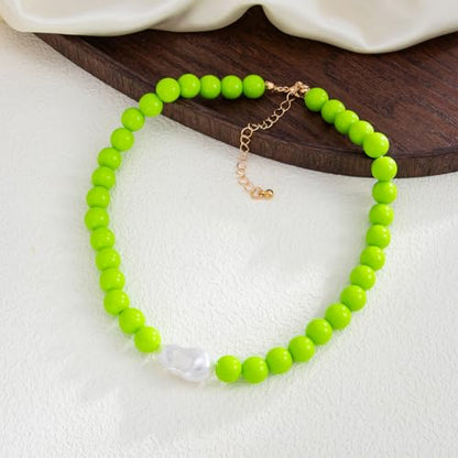 Colorful Faux Baroque Pearl Resin Beaded Choker Necklace Summer Tropical Jewelry for Women - color: Green