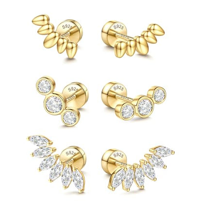 14K Gold Plated 925 Sterling Silver Flat Back Earrings Set | Hypoallergenic Cartilage Helix Conch Tragus Piercing Jewelry 3 Pairs Small Screw Dainty CZ Opal Earring Set Men Women - color: Gold, Style E