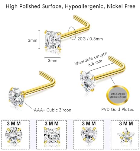SEEDRILL 8Pcs 20G Nose Rings studs for Woman Hypoallergenic Nose Studs 316L Surgical Steel with Gold Plated Nose Piercings Jewelry 3mm CZ L Shape Nose Rings 20 Gauge Nose Stud Nose Screw Studs - style: 8Pcs/20G/3mm CZ/L-Shape/Gold-Plated