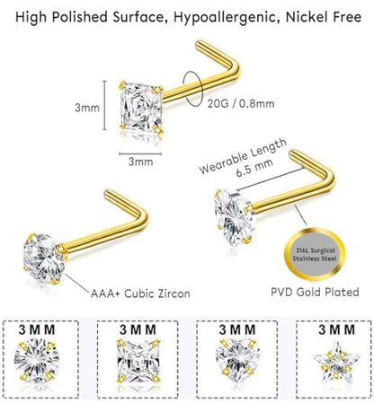 SEEDRILL 8Pcs 20G Nose Rings studs for Woman Hypoallergenic Nose Studs 316L Surgical Steel with Gold Plated Nose Piercings Jewelry 3mm CZ L Shape Nose Rings 20 Gauge Nose Stud Nose Screw Studs - style: 8Pcs/20G/3mm CZ/L-Shape/Gold-Plated