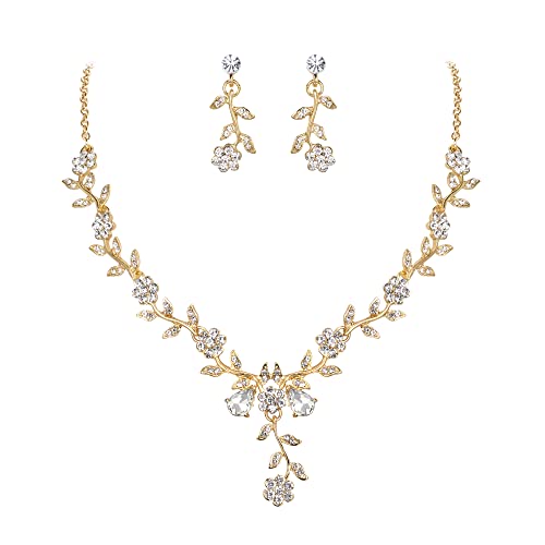 Women's Wedding Jewelry Set for Bride,Prom Bridal Accessories | Bling Crystal,Flower Leaf Cluster,Dangle Earrings Pendant Necklace Set,for Bridesmaid,Party Jewellery - color: 17-Clear Gold-Plated-Base