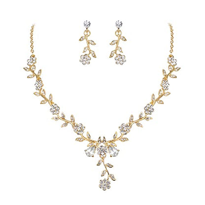 Women's Wedding Jewelry Set for Bride,Prom Bridal Accessories | Bling Crystal,Flower Leaf Cluster,Dangle Earrings Pendant Necklace Set,for Bridesmaid,Party Jewellery - color: 17-Clear Gold-Plated-Base