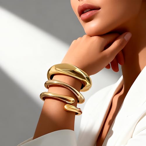 Chunky Gold Bangle Bracelets for Women, 3PCS Dainty Gold Plated Cuff Bracelet Big Stackable Bangles Set, Trendy Statement Chunky Bracelet Stack Fashion Jewelry Gifts