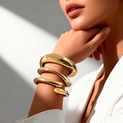 Chunky Gold Bangle Bracelets for Women, 3PCS Dainty Gold Plated Cuff Bracelet Big Stackable Bangles Set, Trendy Statement Chunky Bracelet Stack Fashion Jewelry Gifts
