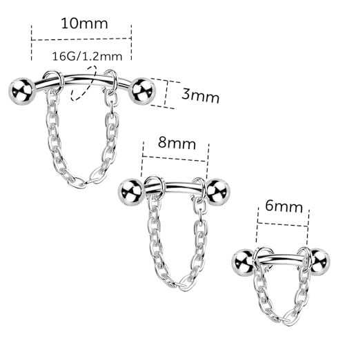 3 Pcs 316L Stainless Steel 16G Tragus Helix Rook Piercing Jewelry with Chain, Cartilage Earrings for Women, Belly Button Ring Vertical Labret Lip Piercing Jewelry - color: Silver, size: Ball