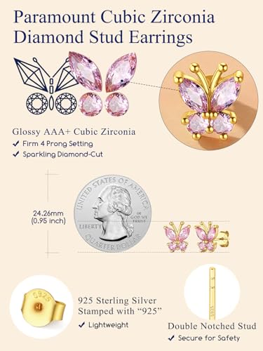 Suplight Butterfly Stud Earrings 925 Sterling Silver 14K Gold Brithstone Earrings for Women Brithstone Jewelry Gifts - color: 10.October ( Pink Tourmaline), size: Gold