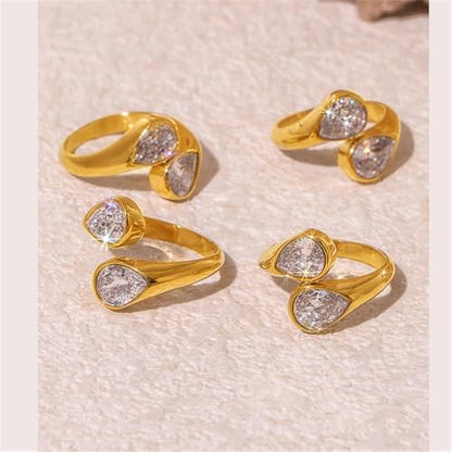 Kokoma Cubic Zirconia Waterdrop Wrap Finger Band for Women Double Crystal Teardrop Shape Adjustable Stacking Ring Open Statement Promsie Rings