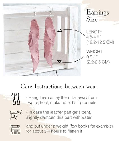 Leather Feather Earrings, Suede layered earrings, boho wedding jewelry, summer earrings, gift for her, dangle earrings - color: light pink