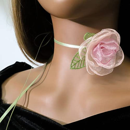 Black Choker Camellia Flower Lace-up Necklace For Women - color: Pink foliage flowers
