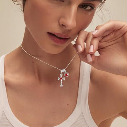 Cross Heart Necklace for Women, Elegant Red Gemstone Pendant Jewelry, Non Tarnish Hypoallergenic Necklace, Dainty Everyday Layering Chain for Her, Birthday Anniversary Graduation Gifts - color: Silver