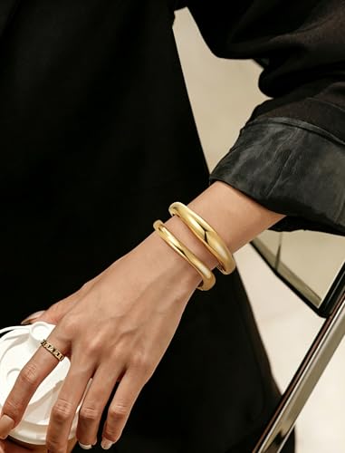 Chunky Gold Bangle Bracelets for Women – 14k Gold Plated | Cuff Bangles, Stackable Bracelet Set, Wide Trendy Fashion, Jewelry Gift - color: 05-Gold-2pcs