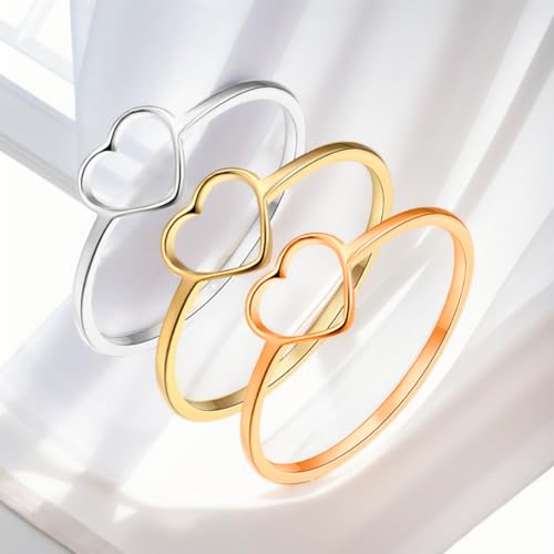 Love Plain Stacking Band Statement Wedding Promise Ring For Women | Stainless Steel, Cute Hollow Heart Design,Waterproof,Tarnish Resistant,Gift For Mother’s Day, Valentine’s Day, Christmas - color: Gold