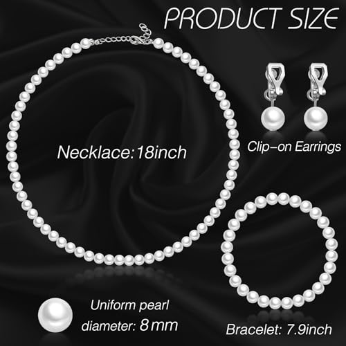3 Pcs Pearl Jewelry Set Faux Pearl Clip on Earring Necklace Bracelet for Women Bridesmaid Birthday Wedding Gift - color: White, size: 8 mm