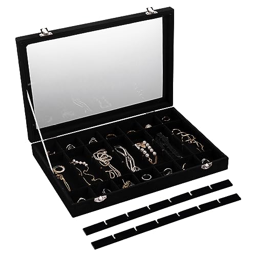 Frebeauty Velvet Jewelry Tray,35 Grid Jewelry Organizer with Clear Lid,Earring Holder Organizer Case with Clasp,Drawer Insert for Rings Studs,13.8 x 9.5 x 2 Inches,Gift for Women Girls(Black) | Drawer Jewelry Organizer for Rings Studs Beads,Adjustable Div