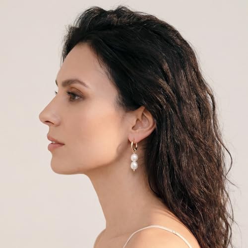 Pearl Earrings VeroSteel Dangle Earrings for Women, Dainty 14k Gold Huggie Hoop Earrings with Pearls, Trendy Pearl Drop Earrings, Stainless Steel Hypoallergenic Stud Earrings For Sensitive Ears - style: Double Pearl
