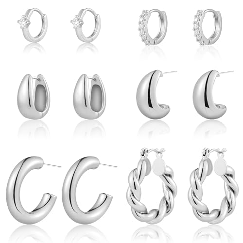 6 Pairs Gold Hoop Earrings for Women, 14K Gold Plated Huggie Hoop Earrings Set Hypoallergenic Lightweight Chunky Open Hoops Jewelry for Gift - color: Silver hoops