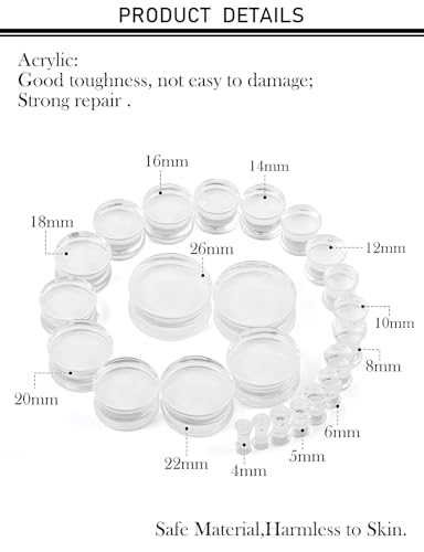 6G-26mm Acrylic Plastic Ear Gauges Tunnels Stretching Kit Double Flared Plugs Tunnels Expanders Stretcher Saddle Gauges Earrings for Men Women Black White Clear - color: Clear 6G-26mm