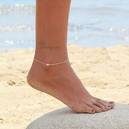 LOYATA Dainty Ankle Bracelet,14K Gold Plated Tiny Bead Anklet Dainty White Cubic Zirconia Cross Tassel Foot Chain Cute Lucky Moon Evil Eye Foot Jewelry Boho Anklets for Women - color: CZ Dot