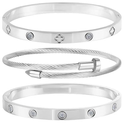 Camhanno Stackable Silver Bracelets for Women Stainless Steel Love & Friendship Bangle, Mothers Day Valentines Birthday Christmas Jewelry Gifts for Mom Her Wife Grandma - style: Style 9