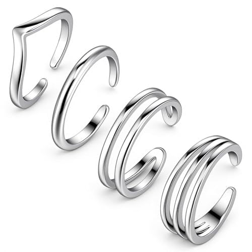 4Pcs Sterling Silver Plated Minimalist Toe Rings Set for Women Adjustable Open Band Summer Beach Foot Jewelry