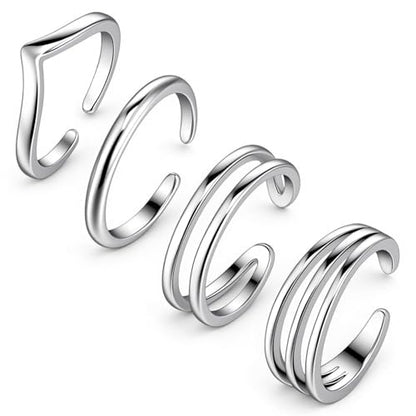 4Pcs Sterling Silver Plated Minimalist Toe Rings Set for Women Adjustable Open Band Summer Beach Foot Jewelry