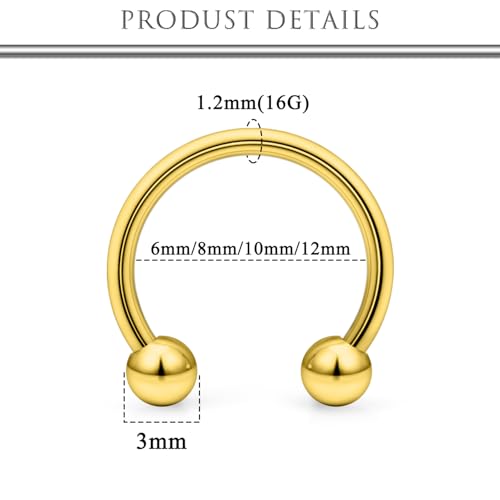 Hoeudjo 16G Horseshoe Septum Rings with Ball Grabber Tool Hypoallergenic Surgical Steel Septum Piercing Jewelry Lip Rings for Women Men Diameter 6mm 8mm 10mm 12mm - color: goldtone