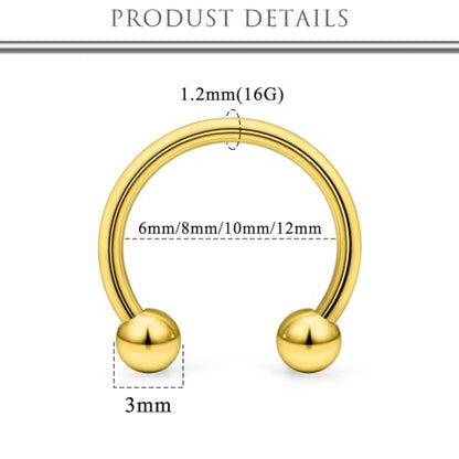 Hoeudjo 16G Horseshoe Septum Rings with Ball Grabber Tool Hypoallergenic Surgical Steel Septum Piercing Jewelry Lip Rings for Women Men Diameter 6mm 8mm 10mm 12mm - color: goldtone