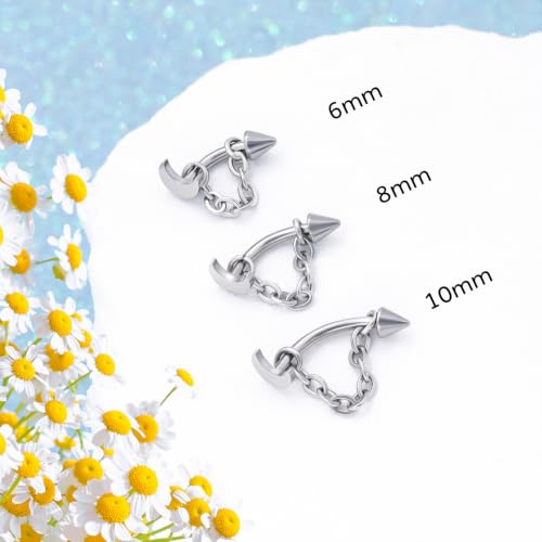 3 Pcs 316L Stainless Steel 16G Tragus Helix Rook Piercing Jewelry with Chain, Cartilage Earrings for Women, Belly Button Ring Vertical Labret Lip Piercing Jewelry - color: Silver, size: Moon