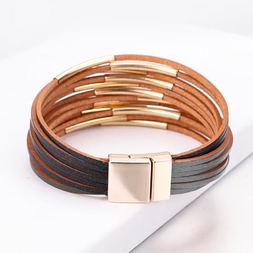 Fesciory Leather Wrap Bracelets for Women, Boho Western Layered Jewelry | Layered leather cuff bracelets, Easy on and off, Boho western style, Daily wear, Gift for women - color: Black and Gray 1
