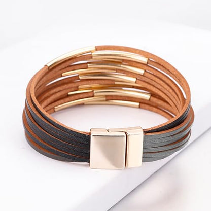 Fesciory Leather Wrap Bracelets for Women, Boho Western Layered Jewelry | Layered leather cuff bracelets, Easy on and off, Boho western style, Daily wear, Gift for women - color: Black and Gray 1