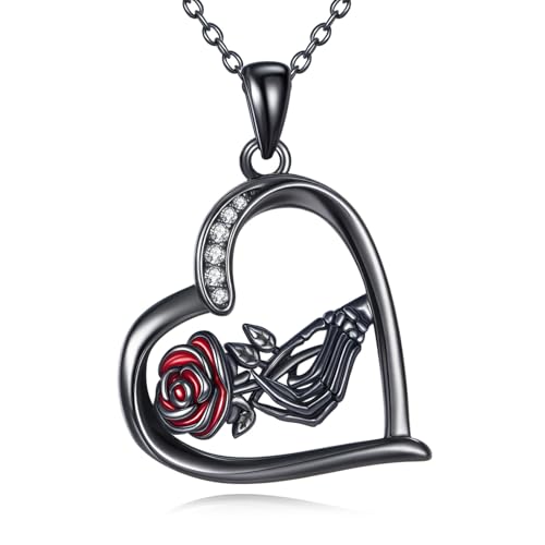 Halloween Necklace 925 Sterling Silver Black Rose Rib Cage Heart Pendant Necklace Halloween Jewelry Gifts for Women Gothic Party - style: Skeleton