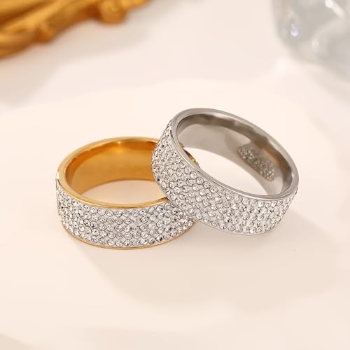 Multi Row Rhinestone Stainless Steel Band Ring Jewelry for Women | Multi rows shiny rhinestones, durable stainless steel, stylish band, ideal birthday holiday gift jewelry for women - color: golden