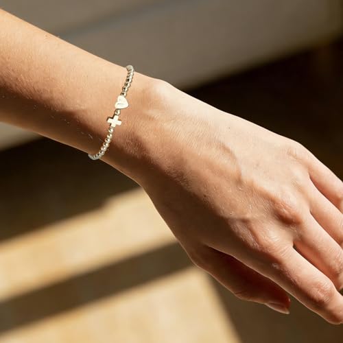 Mikovivi Women's Cross Bracelet with Initial Beads, Elastic Heart Alphabet Charm Stackable Beaded Bracelet Religious Christian Jewelry Gift - style: Letter M