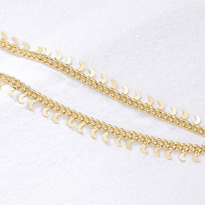 LOYATA Dainty Ankle Bracelet,14K Gold Plated Tiny Bead Anklet Dainty White Cubic Zirconia Cross Tassel Foot Chain Cute Lucky Moon Evil Eye Foot Jewelry Boho Anklets for Women - color: Moon
