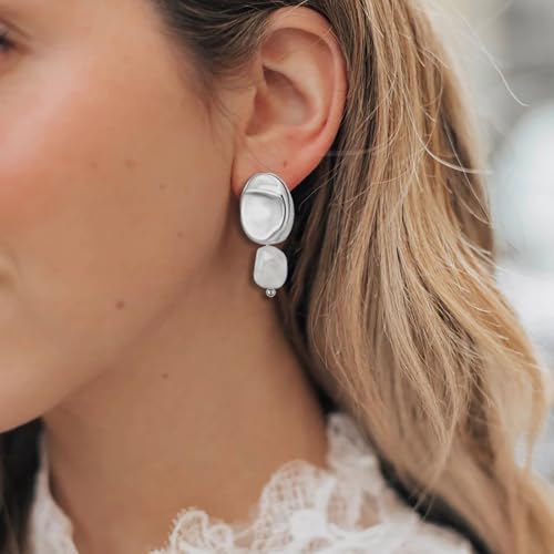 Gold Earrings 14k Gold Plated Hoop Earrings Dainty Pearl hoop Disc Coin Bead Starfish Teardrop Circle Dangle Drop Earrings for Women Hypoallergenic Jewelry Gifts - color: Pear Earrings-Silver