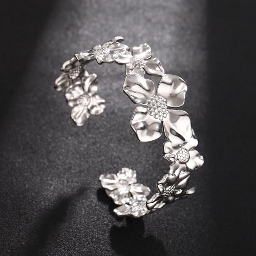 YWMAN Silver Flower Cuff Bracelet, Metallic Floral Chunky Bracelet for Women - color: Flower 1