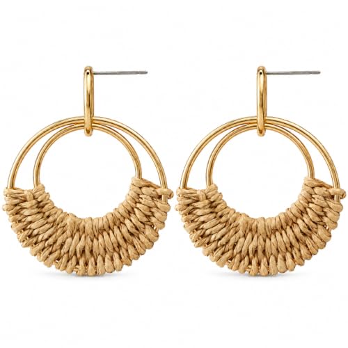 Handmade Rattan Teardrop Dangle Earrings for Women, Lightweight Boho Woven Statement Earrings with Gold Fish Hook, Natural Straw Weave Vacation Jewelry for Summer Beach - style: Gold Woven Hoop