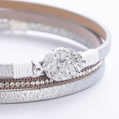 Boho Chunky Leather Wrap Bracelets Stackable Beaded Western Country Jewelry | Crystal Bead Trendy Layered Cuff Magnetic Clasp Stack Bohemian Statement Costume Outfits Cowgirl Fashion Hippie Accessories - color: Silver, size: 14.7"