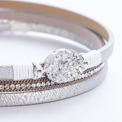 Boho Chunky Leather Wrap Bracelets Stackable Beaded Western Country Jewelry | Crystal Bead Trendy Layered Cuff Magnetic Clasp Stack Bohemian Statement Costume Outfits Cowgirl Fashion Hippie Accessories - color: Silver, size: 14.7"