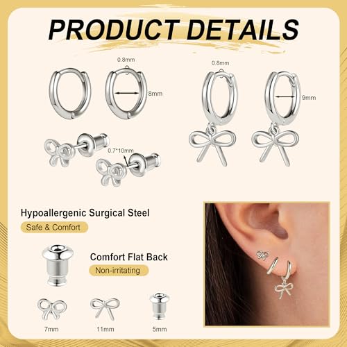 14K Gold Hoop Dangle Stud Earrings Surgical Steel Helix Piercing | Hypoallergenic,Cubic Zirconia,3 Pairs Huggie Hoop Set for Women,Dangle Stud,Cartilage Tragus Conch Earring,Jewelry Gift - color: L1-Silver Bow Earrings