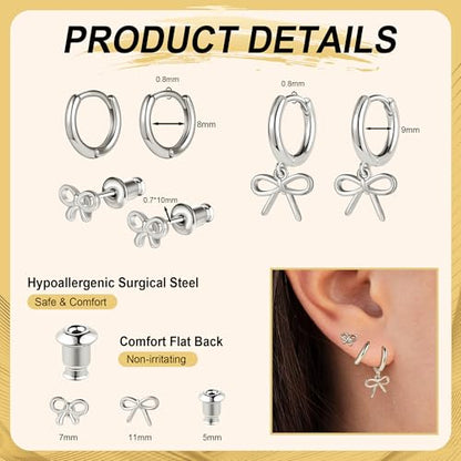14K Gold Hoop Dangle Stud Earrings Surgical Steel Helix Piercing | Hypoallergenic,Cubic Zirconia,3 Pairs Huggie Hoop Set for Women,Dangle Stud,Cartilage Tragus Conch Earring,Jewelry Gift - color: L1-Silver Bow Earrings