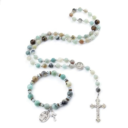 Rosary for Men Women, Natural Stone Beads with St. Benedict Bracelet | 8 mm Natural Stone Prayer Beads with 10 mm Accent Beads, St. Benedict Crucifix, Matching Bracelet, Gift Box and Pouch. - color: Amazonite