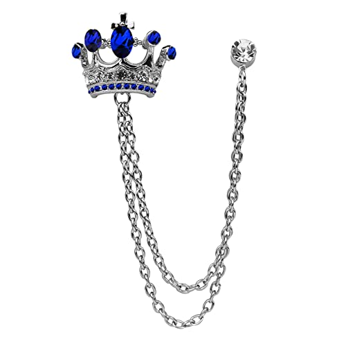 Crystal Crown Hanging Chain Brooch Suit Pin,Vintage Gold Crown Brooch,Suit Stud,Shirt Studs,Lapel Pin Accessories for Men Women - color: Silver Ink blue