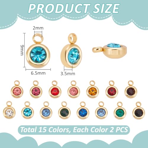 UNICRAFTALE 18K Gold Plated Flat Round Real Birthstone Charms Rhinestone Pendants Crystal Glass Charms Metal Dangle Pendants for DIY Bracelets Necklaces Jewelry Making - color: Multicolor