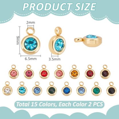 UNICRAFTALE 18K Gold Plated Flat Round Real Birthstone Charms Rhinestone Pendants Crystal Glass Charms Metal Dangle Pendants for DIY Bracelets Necklaces Jewelry Making - color: Multicolor