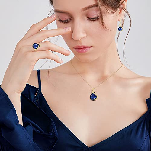 EVER FAITH Wedding Jewelry Set for Bride Bridesmaid, Glamour Teardrop Cubic Zirconia Pendant Necklace Earrings Tennis Bracelet Open Ring Sets for Birthday/Valentine's Day/Mother's Day/Christmas - color: A_Sapphire Blue Gold-Plated-Brass