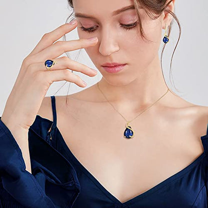 EVER FAITH Wedding Jewelry Set for Bride Bridesmaid, Glamour Teardrop Cubic Zirconia Pendant Necklace Earrings Tennis Bracelet Open Ring Sets for Birthday/Valentine's Day/Mother's Day/Christmas - color: A_Sapphire Blue Gold-Plated-Brass